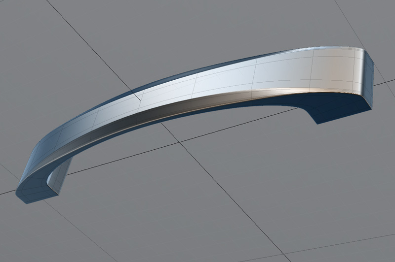Subdivision surface view of curved furniture handle 3D model showing smooth geometry transitions, controlled edges, and accurate curvature for precision modeling